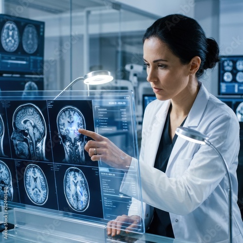 Female Scientist Analyzing Brain Scans On Futuristic Display