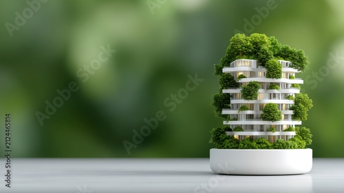 Climate resilience urban planning concept, modern green building with rooftop garden, realistic architecture lighting, sustainability stock photography