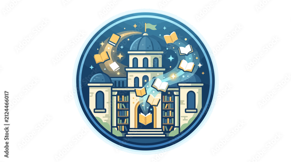Fototapeta premium Stylized illustration of a grand library or university building with a domed roof, glowing books flying out, under a crescent moon and stars, within a circular emblem.