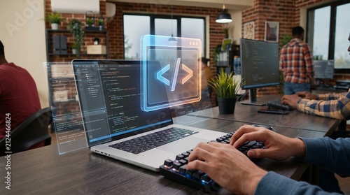 Over the shoulder view of designer working on computer with glowing prompt engineering UI