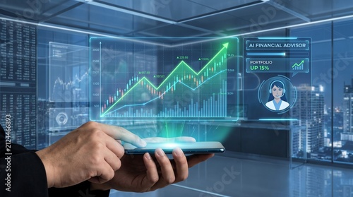 Businessman holding floating 3D stock market graph hologram with green upward financial trend