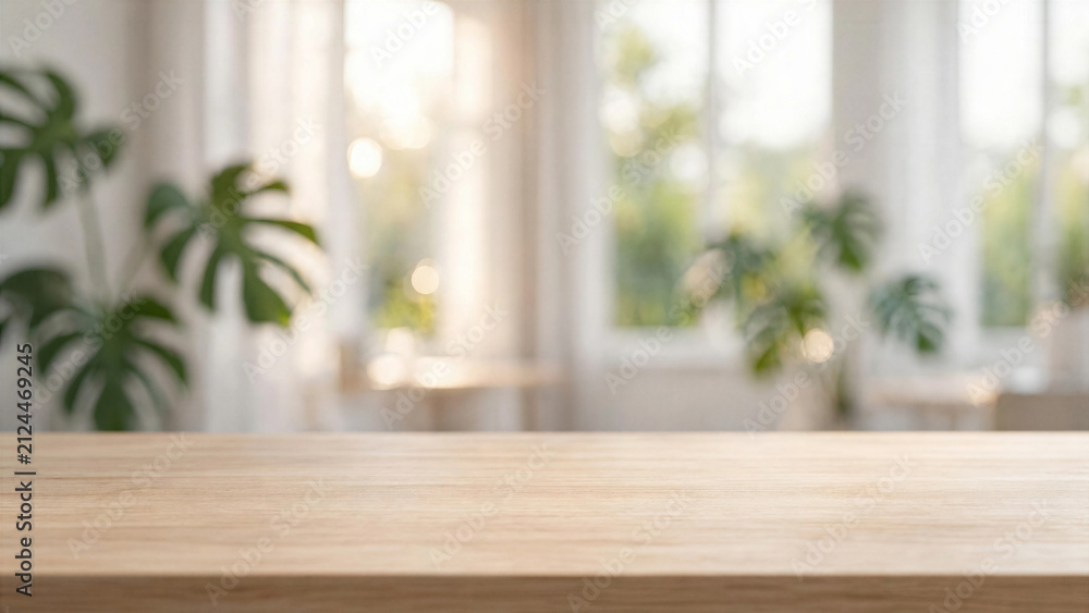 Fototapeta premium Bright Empty Light Oak Table Surface Focus Blur Indoor Tropical Monstera Plant Window Mockup