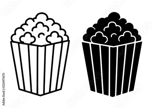 Minimalist popcorn icon in outline and silhouette style, for UI/UX app design