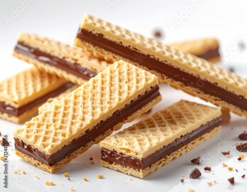 Crispy wafer cookies with smooth, dark chocolate filling, stacked artfully