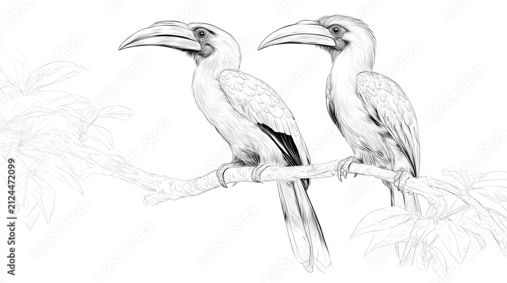 Obraz premium Detailed Line Art of Two Hornbills Perched on a Branch