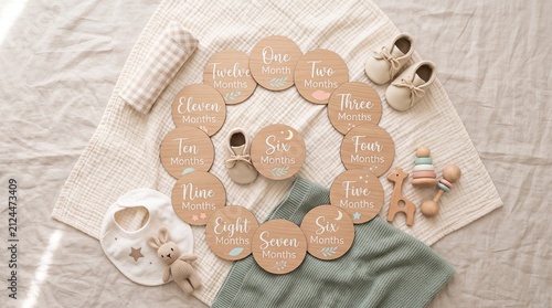 A charming flat lay of natural baby keepsakes and monthly milestone markers, thoughtfully arranged on a soft blanket to celebrate a child's precious first year journey