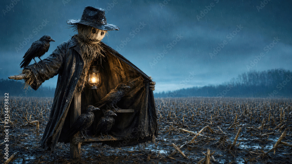 Fototapeta premium Halloween Scarecrow Sheltering Crows from the Rain in a Harvested Field, Symbolizing Protection, Empathy, Refuge and Unexpected Friendship