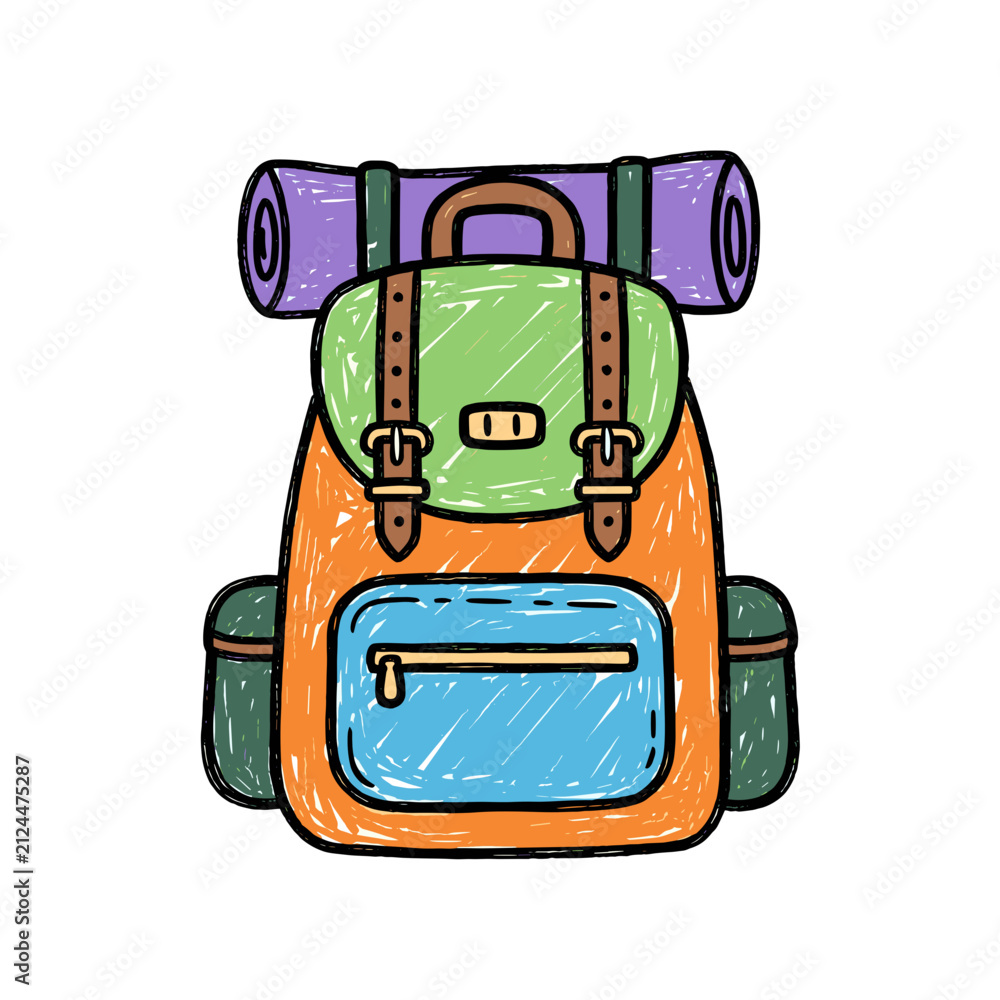 Fototapeta premium Hand drawn hiking backpack with sleeping mat