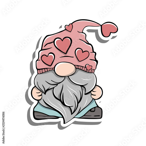Cute Valentine gnome wearing a pink hearts hat with a fluffy beard. Hand-drawn cartoon clipart, perfect for stickers, sublimation, greeting cards, T-shirts, mugs, scrapbooking, and romantic crafts.