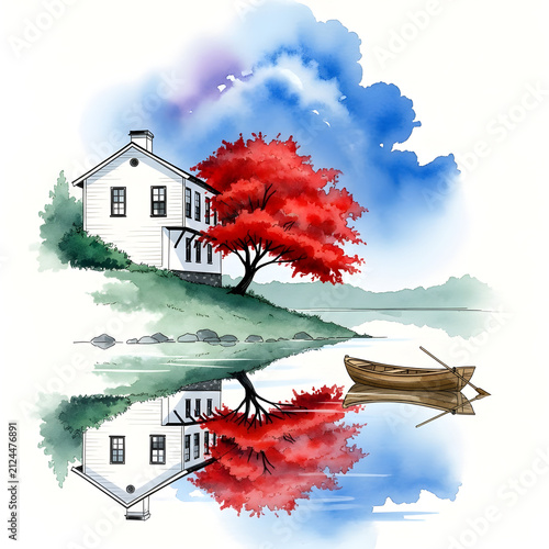 Watercolor lakeside house with red autumn tree and wooden boat reflection