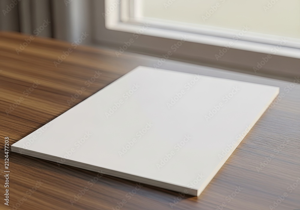 Fototapeta premium Blank White Book Cover Mockup on Wooden Table Near Window.