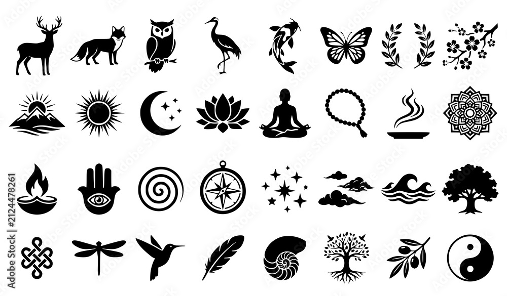 Fototapeta premium Elegant Symbolic Monochrome Icon Set with Animals Nature Meditation and Cultural Motifs Vector