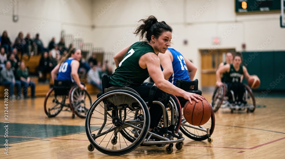 Obraz premium Female wheelchair basketball player dribbles ball during intense indoor game with spectators watching from bleachers