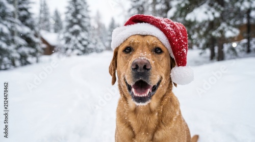 Happy Golden Retriever dog wearing a red Santa hat sits in a snowy winter forest during Christmas holidays. The cheerful pet enjoys the cold weather and snowy landscape in the woods outdoors and