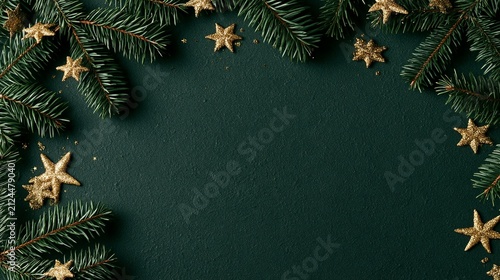 Christmas Decoration Border Frame with Pine Branches and Gold Stars