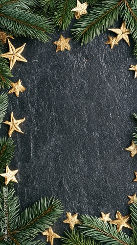Christmas Decoration Border Frame with Pine Branches and Gold Stars