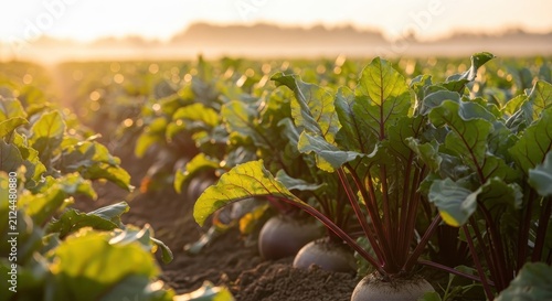 Rows of glowing beetroot plants in a sunlit farm field at dawn, showcasing healthy agriculture and fresh produce.