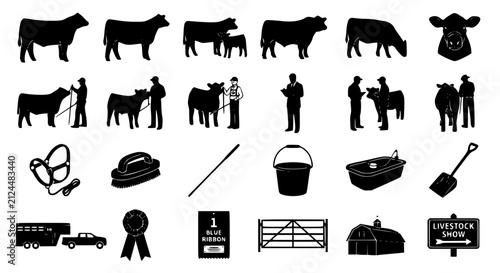 Livestock show cattle silhouette set with show steers heifers farmers and ranch vector illustrations