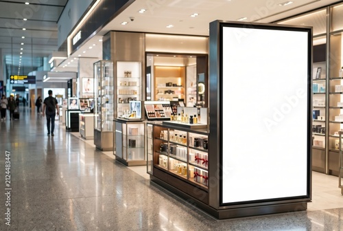 Blank vertical billboard mockup in luxury airport duty free beauty retail store