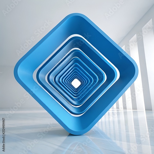Abstract blue geometric shapes receding into a bright white modern architectural space with clean lighting
