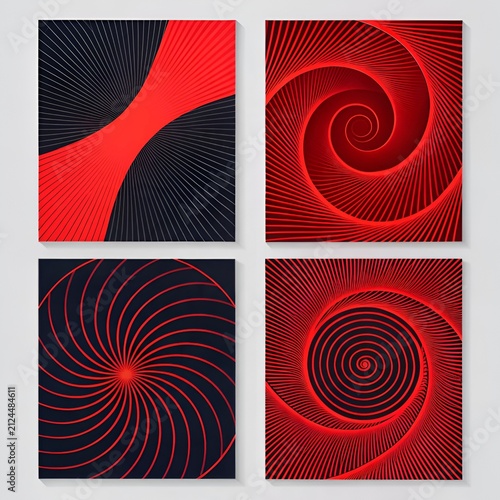 Abstract red lines in spiral and radial patterns against dark background for graphic design