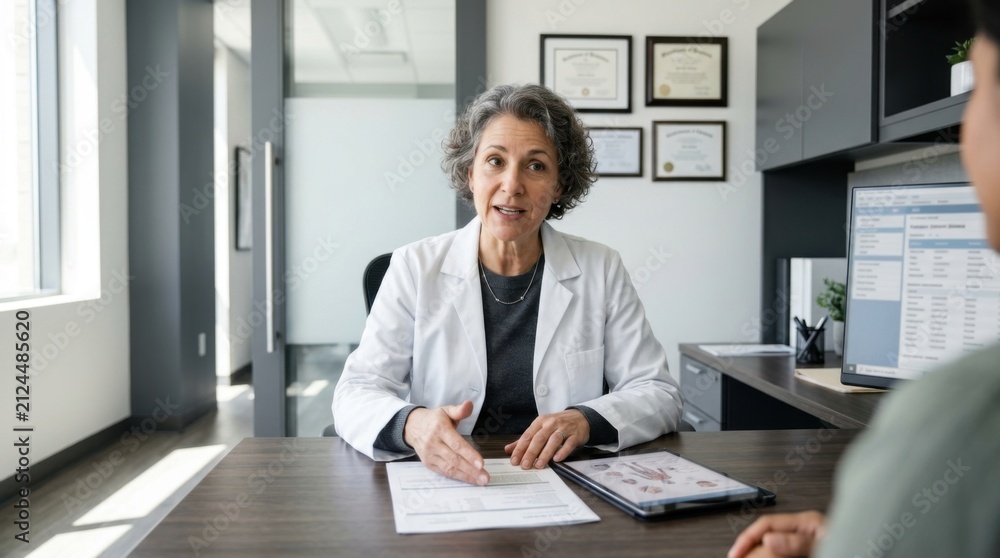 Fototapeta premium Doctor Consults With Patient In Modern Medical Office Examining Health Records