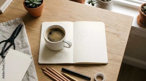 Open Notebook With Coffee Cup on Wooden Table for Creative Desk Work
