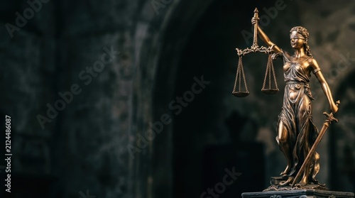 Majestic bronze Lady Justice statue stands with scales and sword against a dark blurred architectural backdrop representing legal integrity fairness and the power of law within professional
