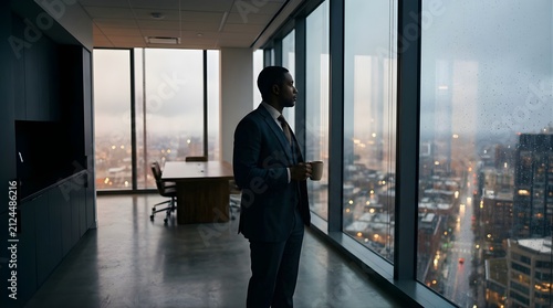 Professional businessman looking through office window at city view