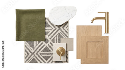 Interior design material mood board samples as isolated on transparent background