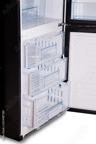 Open Empty Freezer Drawers with Clear Plastic Storage Compartments Isolated on White