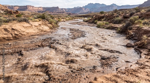 Muddy river flowing through a dry desert canyon landscape arid environment with rocky formations and sparse vegetation natural scenic view