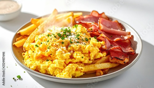 Fluffy scrambled eggs atop golden fries with crisp bacon and garnish