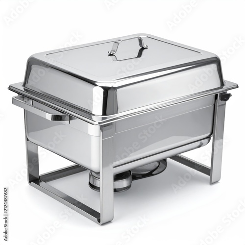Gleaming stainless steel chafing dish with a hinged lid and stand