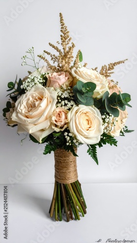 Elegant bouquet of soft cream and blush roses with greenery and filler flowers