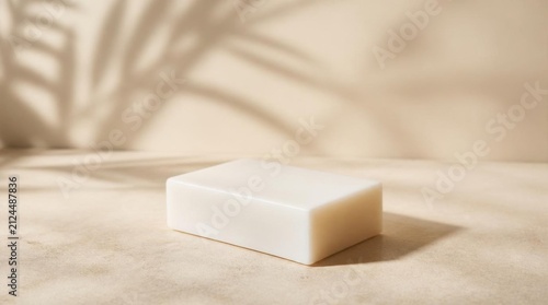 White podium block on beige background with tropical leaf shadow for product display