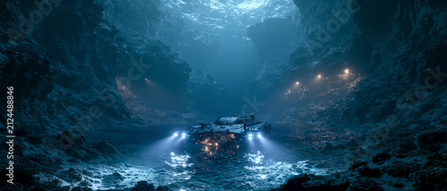 a tiny deep sea submersible exploring an enormous ocean trench, powerful searchlights revealing gigantic canyon walls, endless abyss surrounding the vessel, ultra realistic underwater photography.
