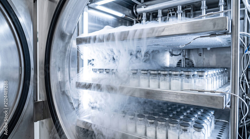 Glass Vials in Industrial Freezer with Dense Fog