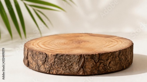 Wooden podium pedestal slice for product presentation on white background
