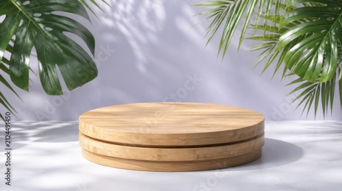 Wooden podium pedestal with tropical palm leaves and purple wall backdrop