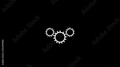 White gears rotating mechanism animation on black background