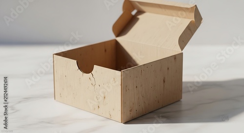 Wooden open storage crate on wooden floor background.