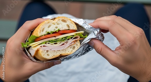 Close up of person holding a delicious sandwich.