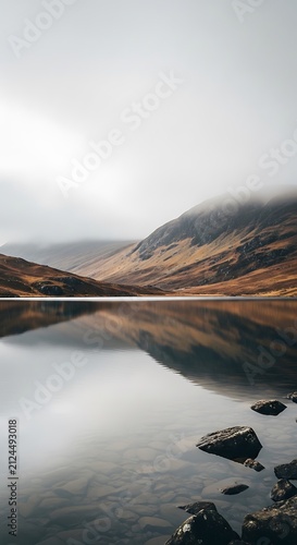 Dramatic mountain lake with stormy sky reflection.