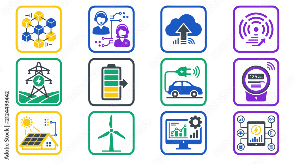 Fototapeta premium Set of Twelve Flat Vector Icons Representing Energy Technology and Smart Infrastructure