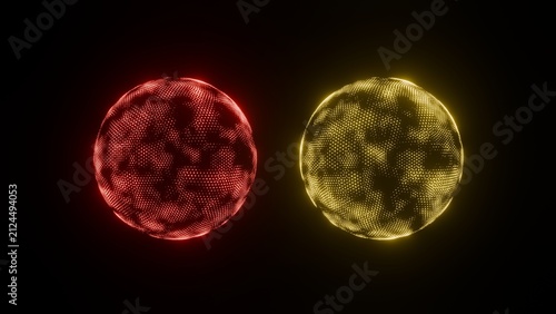 Red and yellow glowing textured spheres on black
