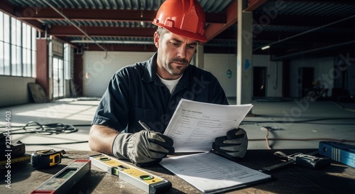 Construction Worker Reviews Plans Concentrating on Project Details