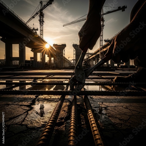 Construction Worker Rigging Steel Rebar With Pliers Dusk Sky