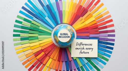 Global inclusion concept featuring small earth globe surrounded by colorful paper rainbow strips and note stating differences enrich every future, symbolizing diversity and unity in modern world life.
