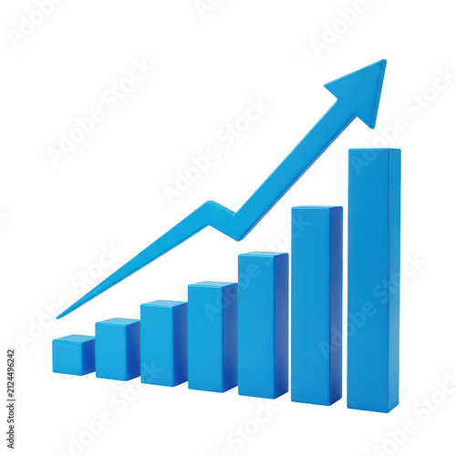 Blue bar chart showing business growth with an upward arrow isolated on transparent background